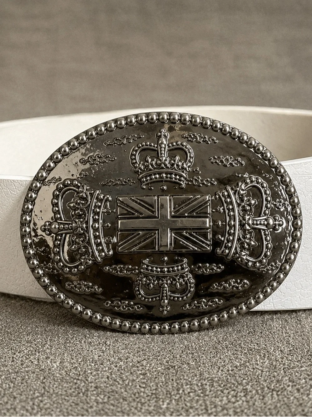 Vintage White Belt Crown Union Jack Buckle Punk Y2K Boho 33-37